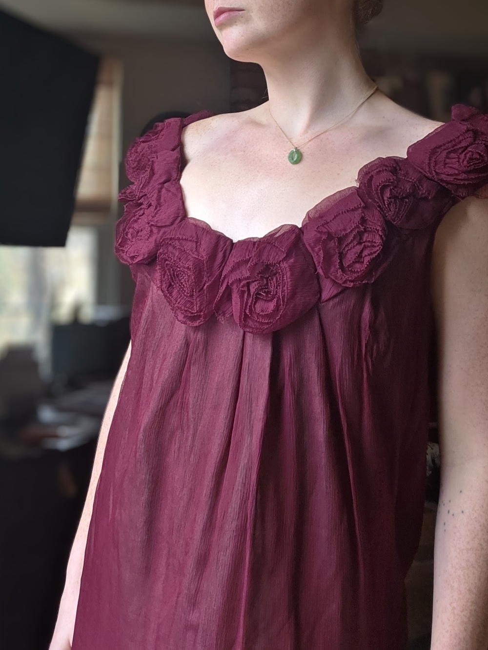 Lela Rose 2007 Runway Ready To Wear Burgundy Rosette Silk Chiffon Slip Dress